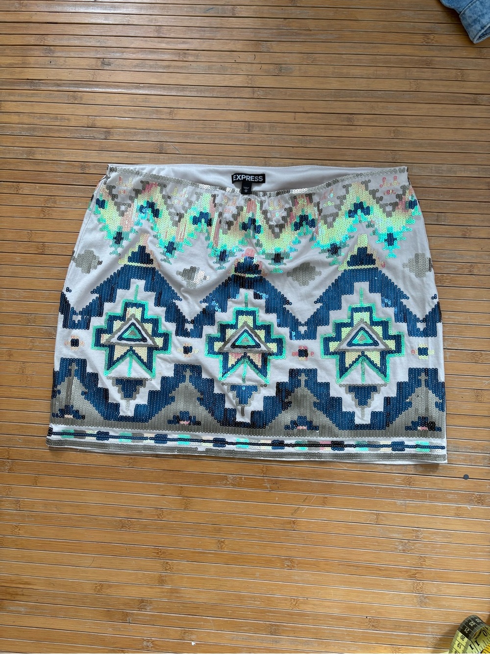 Express Sequin Aztec Mini Skirt in White, Navy and Aqua